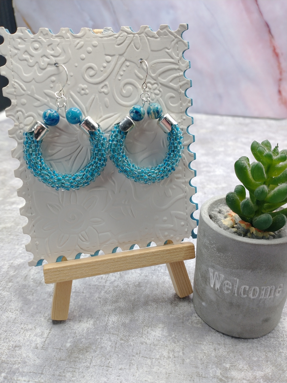New Hand Crafted Spiral Bead Crochet Hoop Earrings,Great Gift